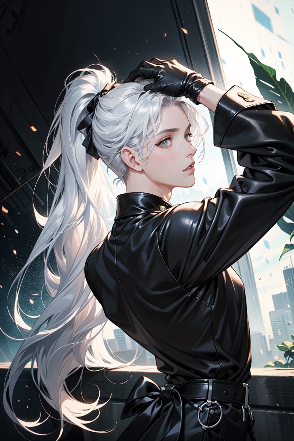 This image shows a person seen from behind. The person has 
he　head turned to the side and he　so long silvery-white hair is tied in a high ponytail. he is staring into the black distance and is wearing a long long-sleeved top and black gloves.

