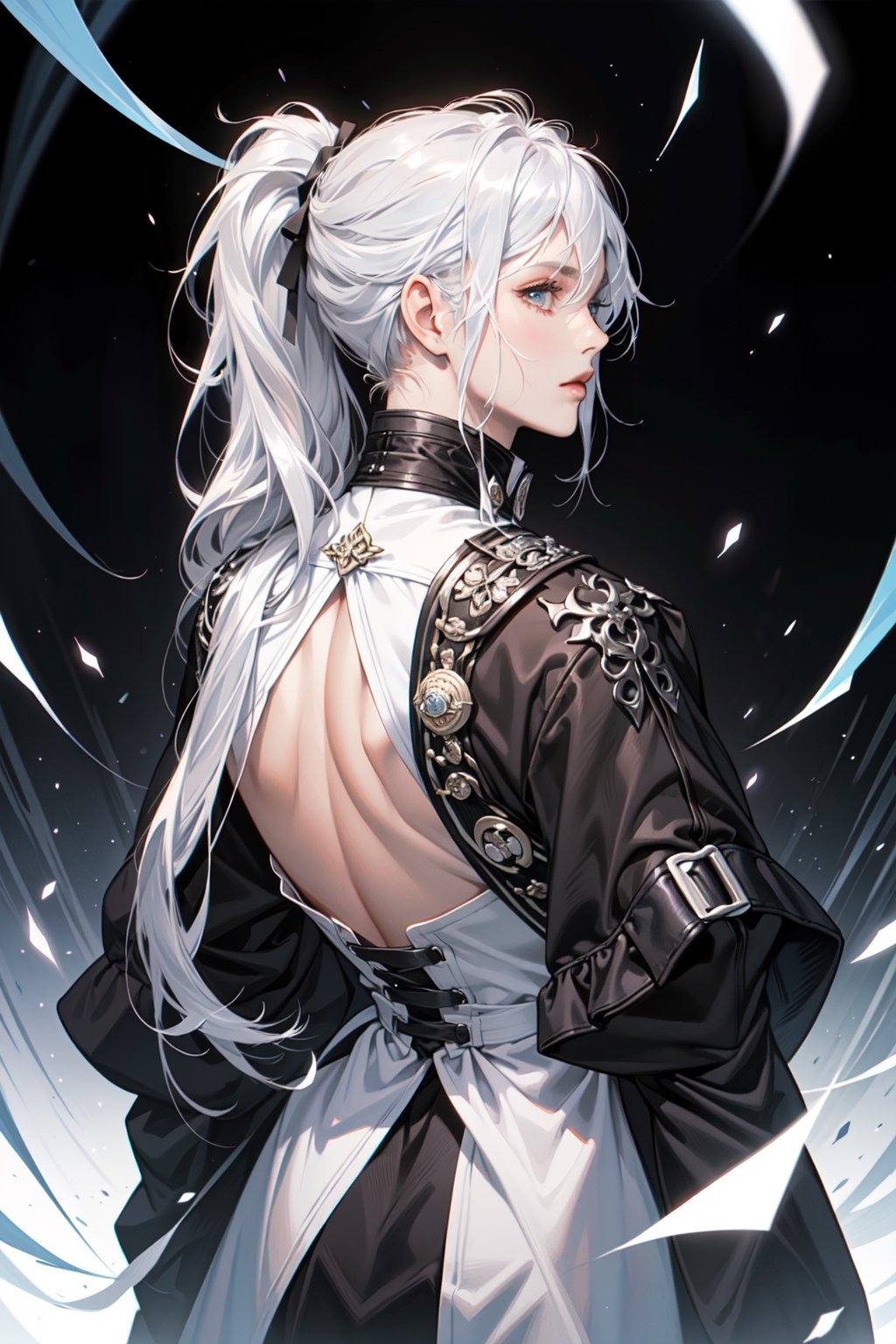 This image shows a person seen from behind. The person has 
he　head turned to the side and he　so long silvery-white hair is tied in a high ponytail. he is staring into the black distance and is wearing a long long-sleeved top and black gloves.

