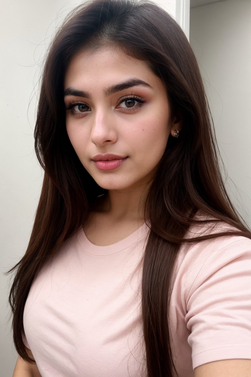 Create a 23 years old Pakistani instagram model, with a most beautiful catchy attractive round face, hazalnut eyes, beautiful thick brown hairs, round cheaks, pink tinted, white toned Russian glowing skin, white pale skin, with a beautiful baby pink lips, with a beautiful Attractive curvy figure, wearing dark pink T-shirt, Taking selfi. 