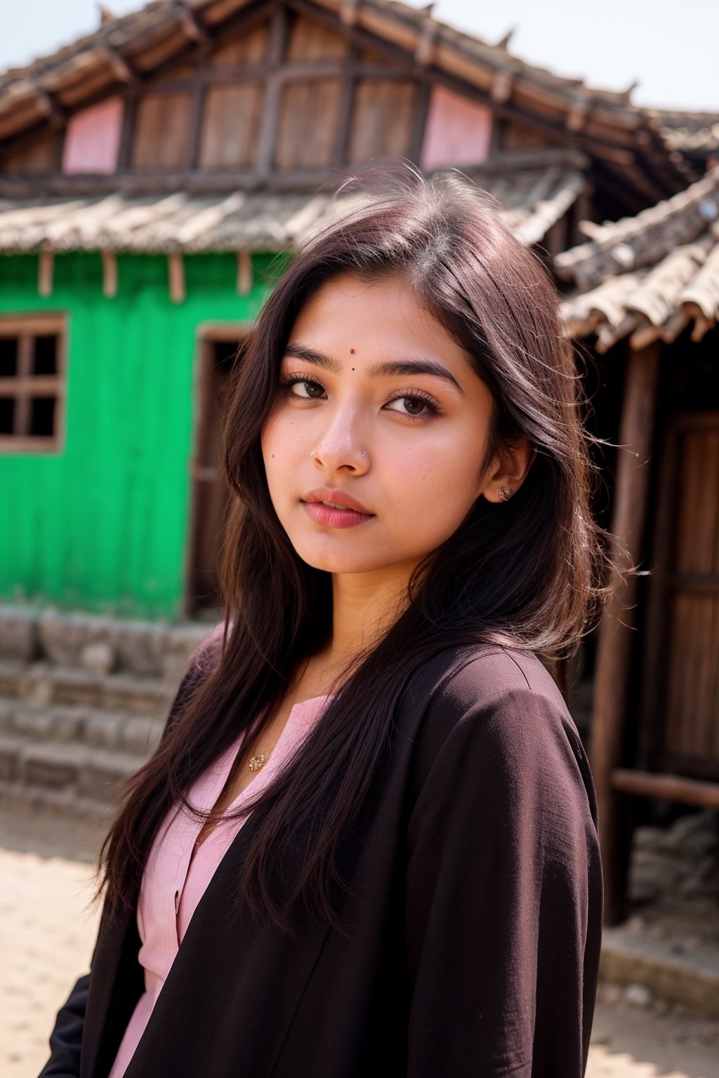 19 year old nepalese women, brown eyes, mongolian small sized eyes, pink juicy lips,natural brest, black hair, long hair , shy face, fullbody, in village with nepalese home background, photorealistic, single, wearing swalwar kameez dopatta.