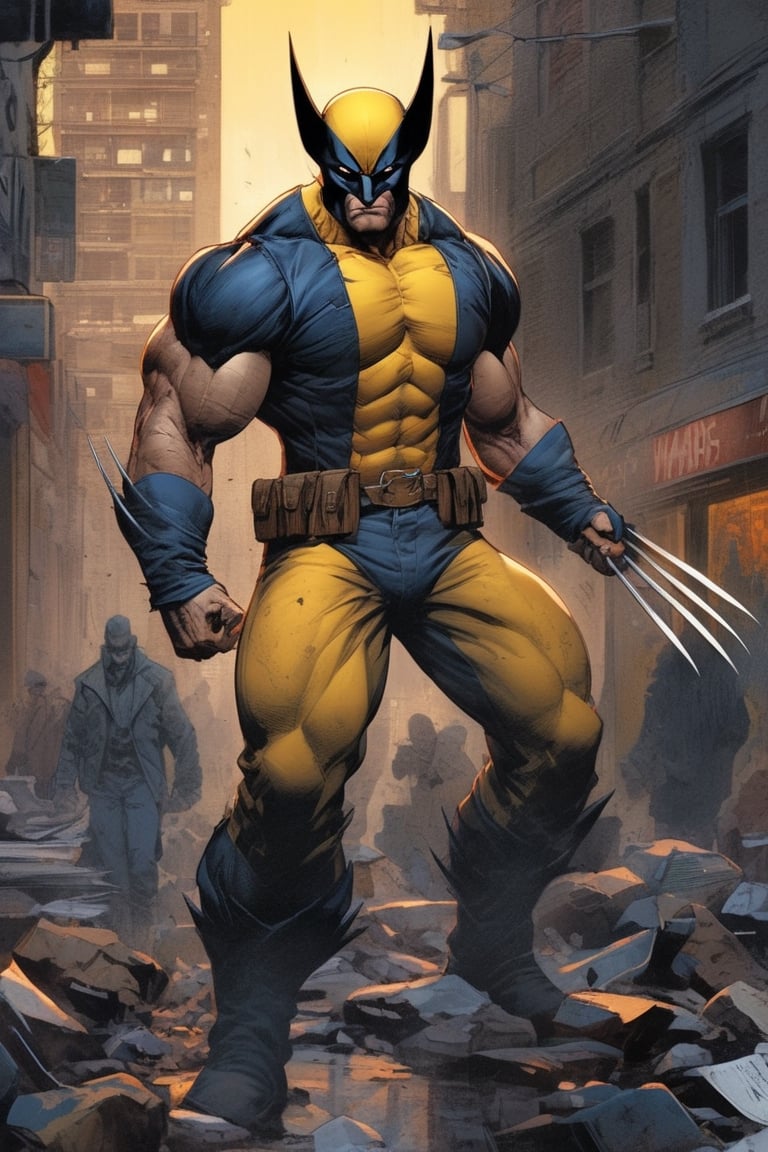 Marvel Wolverine character, he is standing in the city, full body, detailed picture, detailed hands, masterpiece, comics style ,more detail XL