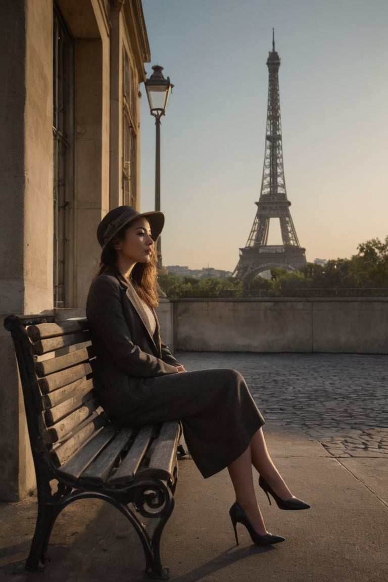 A moody, film-photography-inspired scene: a young woman sits elegantly on a weathered Parisian bench, her gaze fixed intently on some distant point. A vintage French hat adorns her head, and she cradles a crusty baguette in her lap. The Eiffel Tower looms large in the background, its iron latticework softened by the hazy, cinematic atmosphere. Shadows dance across her face, illuminated only by the faint glow of a nearby streetlamp.