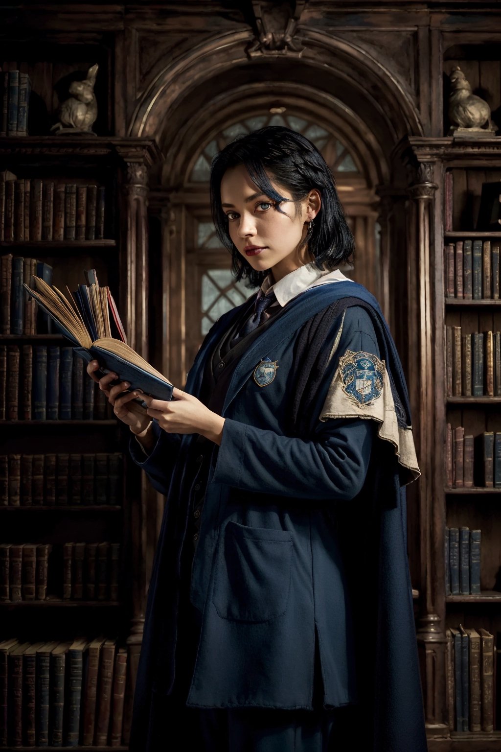 Hogwarts Ravenclaw woman student with book in her hands with Hogwarts library on background 8k quality, blue shades, her school uniform is pants, blue vest with long black and blue cloak with Ravenclaw sign, blue eyes, black hair, the image must be striking and high impact, magic photo style, the woman should have an elegant and cunning appearance, blue glow from her book, the background must be dark and magic, night and magic atmosphere, the image must have 8k resolution and a high level of detail, full body, (artistic pose of a woman),NCT0,photorealistic