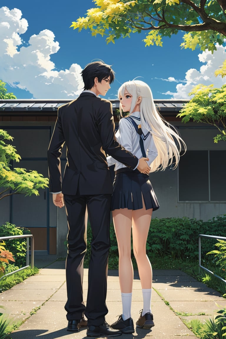 A beautiful anime illustration. Two hands, one male, the other female, reaching for each other.The high school girl with white long hair, full body, in school cloth. The high school athletic tall guy with short black hair, full body, in school cloth.  The background includes a big modern school with flat roof, with trees and plants, with students. The drama atmosphere, illustration, cinematic, anime,Anime ,hentai