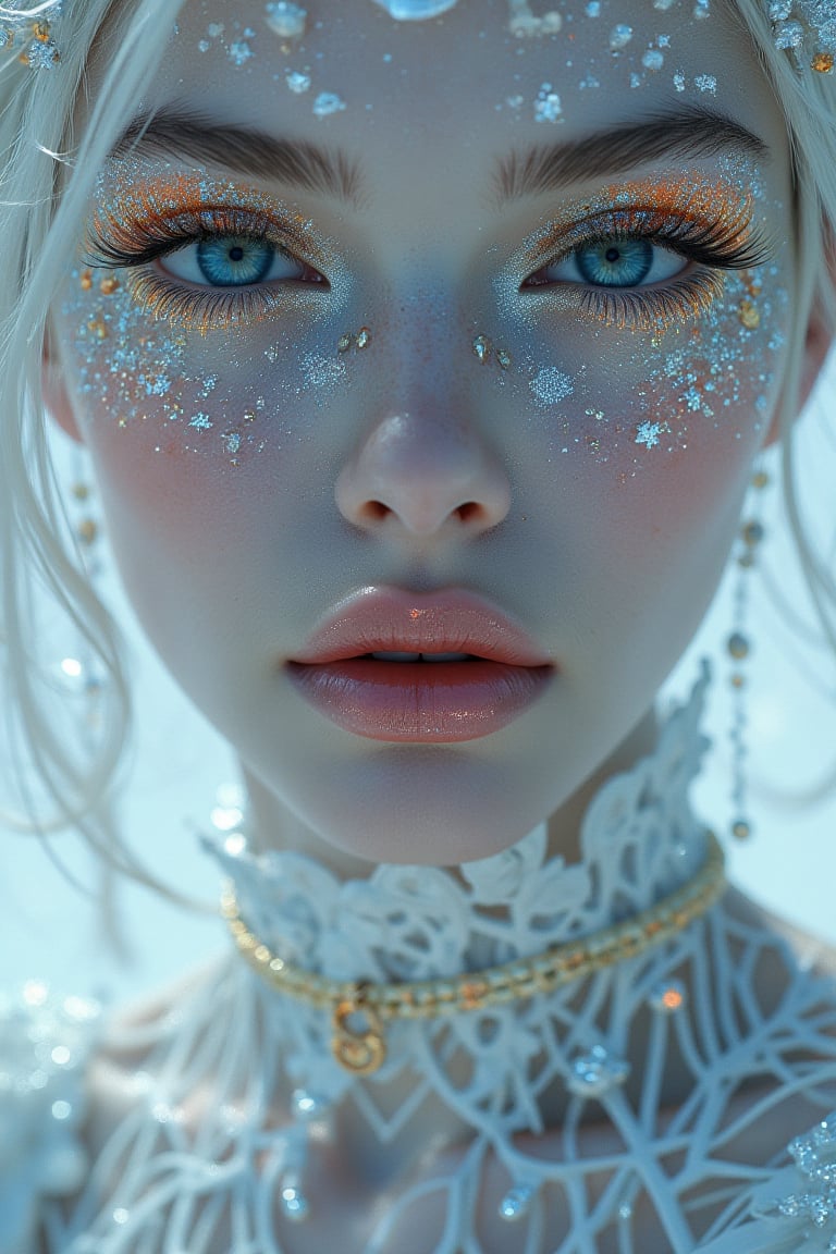 close, albino woman with glowing eyes and hair in white gold jewelry, light painting, futuristic digital, realistic sci-fi, lights, gold filigree, silver lashes, diamond, ethereal, misty, holographic, white sky on background,glitter