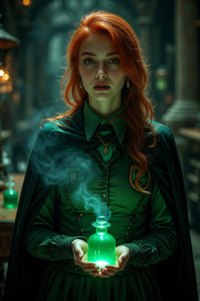 Hogwarts Slytherin woman student with potions in her hands with Hogwarts potions class on background, 8k quality. Green shades, her school uniform is skirt, green vest with long black and green cloak with Slytherin sign, brown eyes, red hair, the image must be striking and high impact, magic photo style, the woman should have an elegant and cunning appearance, green glow from her potions, the background must be dark and magic, night and magic atmosphere, the image must have 8k resolution and a high level of detail, full body,