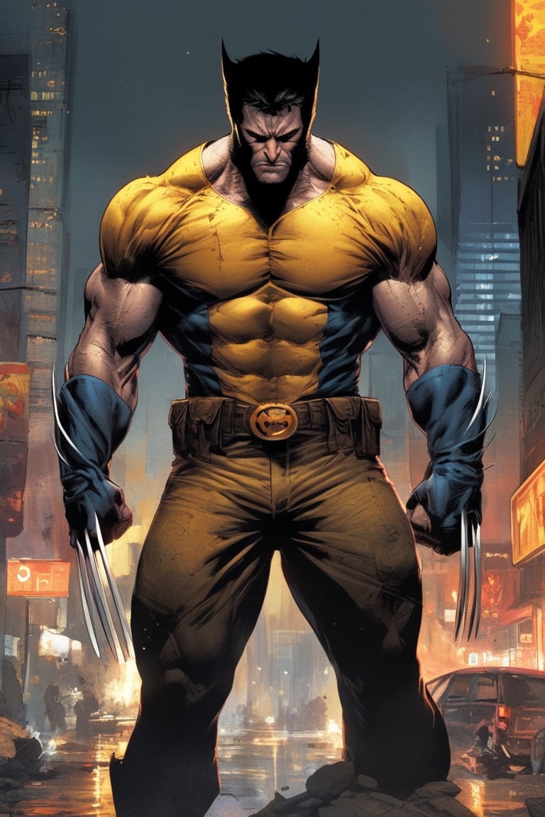 Marvel Wolverine character, he is standing in the city, full body, detailed picture, detailed hands, masterpiece, comics style ,more detail XL