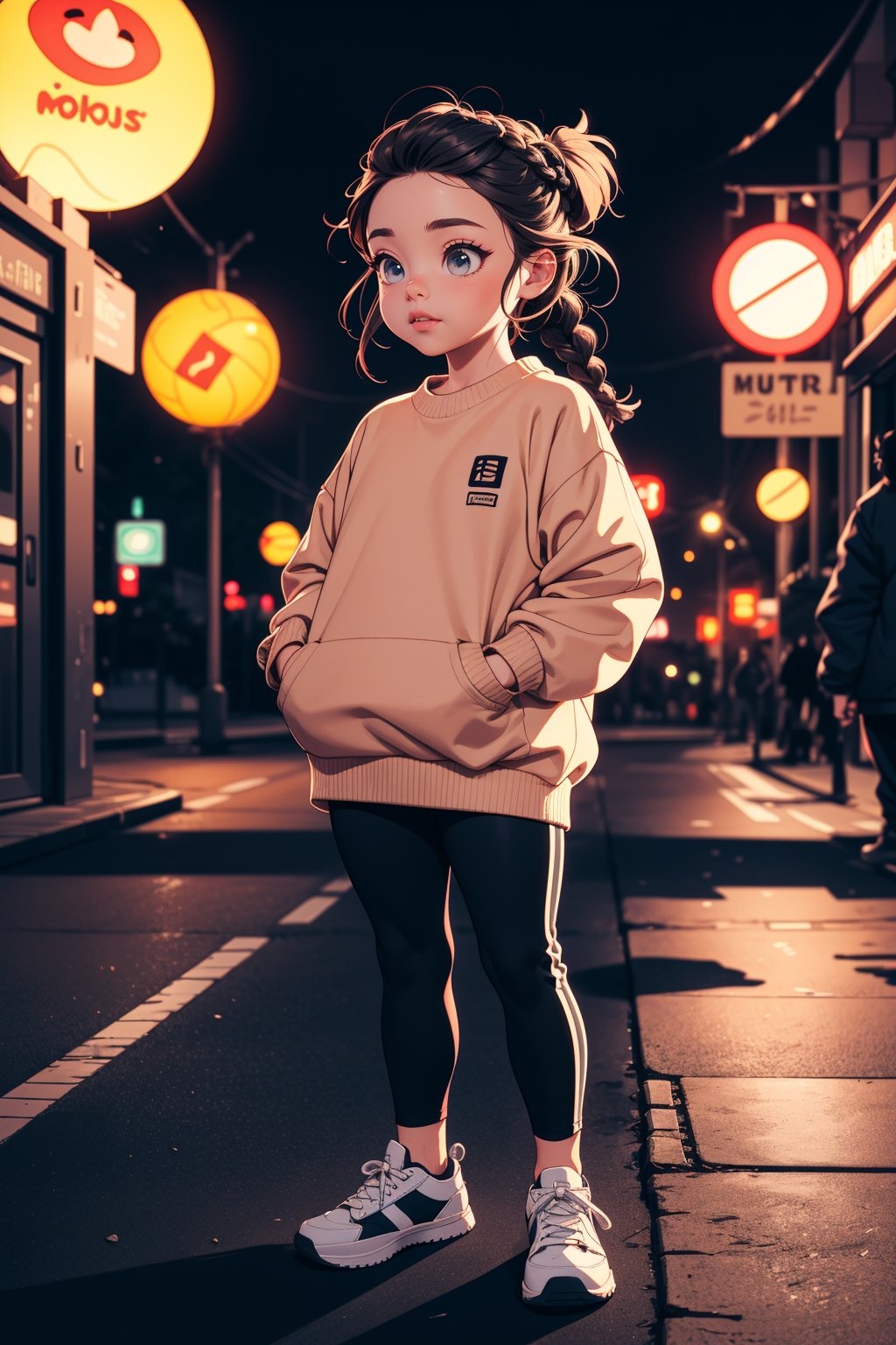 A cute chubby little girl standing in the village park at full moon night, two braid hairstyle, wearing sweater dress, sport pants, sneakers, neon light, depth of field, bokeh, 3d toon style, cinematic, masterpiece, best quality, high resolution