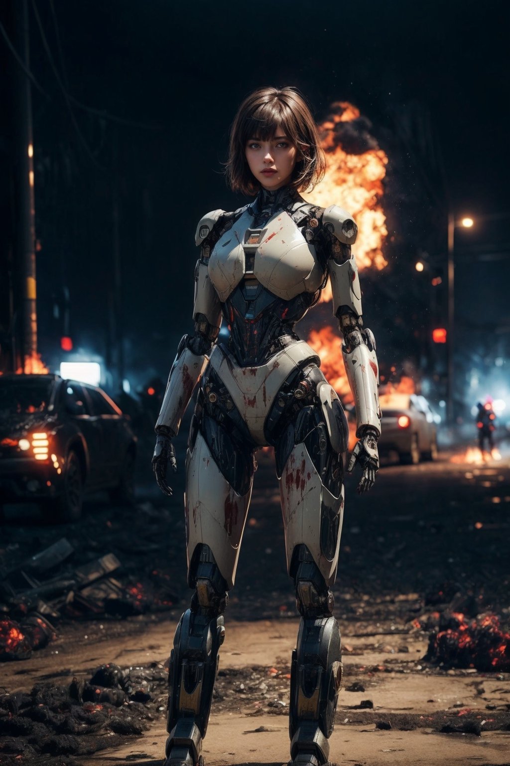 A beautiful girl, brown eyes, short messy hair with bangs, wearing Robocop ((mecha body)), standing with action stance at on fire ruined city, blood and dirt all over her face, full body, snowy and foggy at background, depth of field, bokeh, into the dark, deep shadow, cinematic, masterpiece, best quality, high resolution