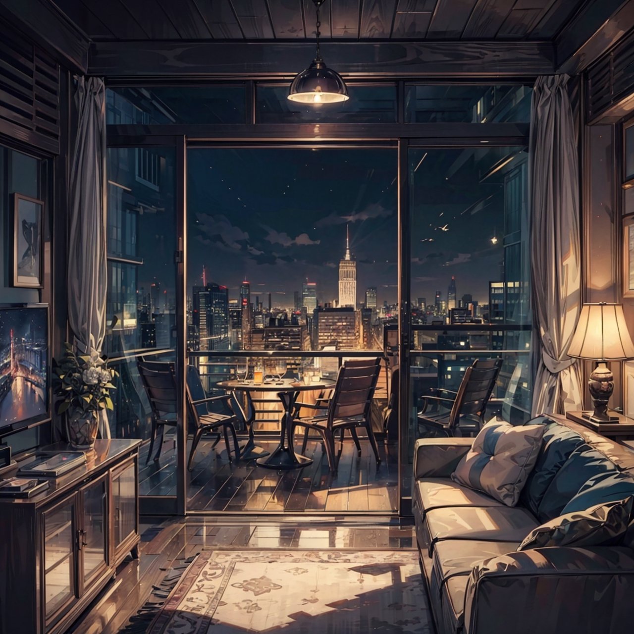 (((Masterpiece))),(((Best quality))),((Super-detailed)),(Best illustration),(Best shading),((Extremely Exquisite and beautiful)), Exterior cityscape with tall buildings, No People, night, Living room with floor-to-ceiling windows