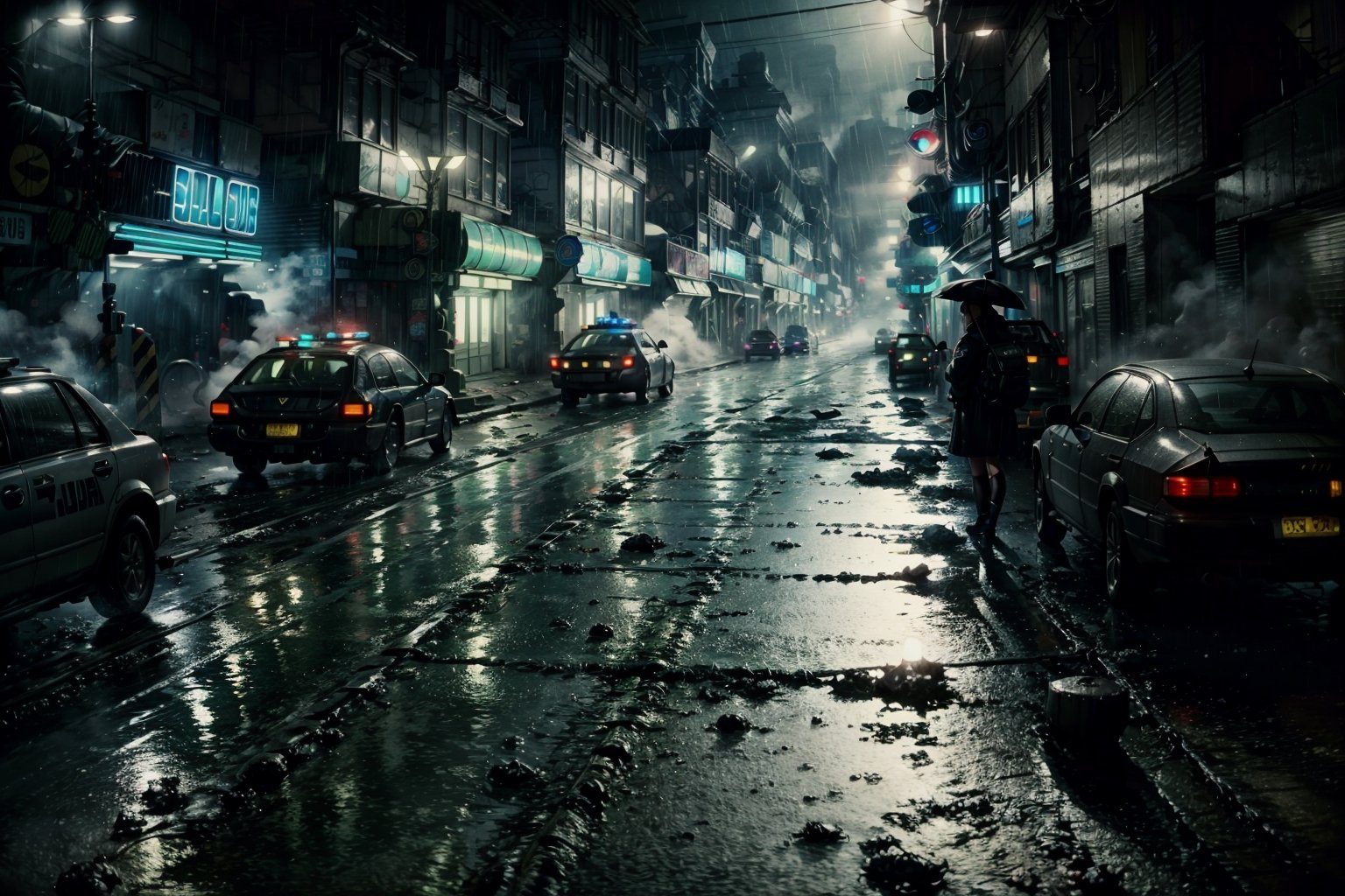 ((Best Quality)), ((Masterpiece)), (highly detailed:1.3), In a cyberpunk city of the future, an alley in the slums, police car, at Night in the Rain. daoshi, films, Songs inspired by Bladerunner, Inspired by Syd Mead,HDR (High Dynamic Range),Ray tracing, NVIDIA RTX,The ultra-Highres,Unreal 5,Subsurface scattering,PBR Texturing,Post-Processing,Anisotropic Filtering,depth of fields,Maximum Sharpness and Sharpness,multi-layered texture,Albedo and Specular maps,Surface Shading,Precise simulation of light-material interactions,perfect proportions, octan render,Two-tone illumination,low ISO,white balance,rule of thirds,Wide aperture,8K Raw,efficient sub-pixel,sub-pixel convolution,light scattering,Tyndall Effect,