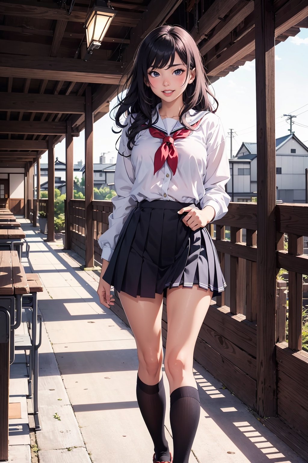 1 japanese girl, solo, student girl, school uniform, 16 years old, thighs, super cute, sexy:1.5, standing, sexy lips, shy, blushing, pale skin, black wavy hair,  full-body_portrait, soft breasts, ,YAMATO, laughing out loud