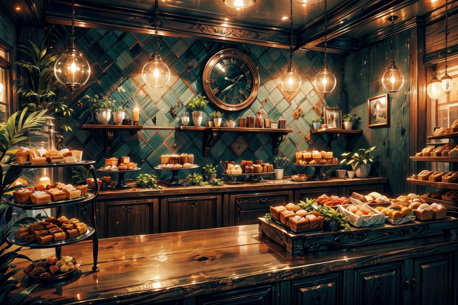 (extremely detailed CG unity 8k wallpaper),(((masterpiece))), (((best quality))), ((ultra-detailed)), (best illustration),(best shadow), ((an extremely delicate and beautiful)), Coffee shop ambiance,Pastries and desserts on the counter, Wooden and green plant decorations