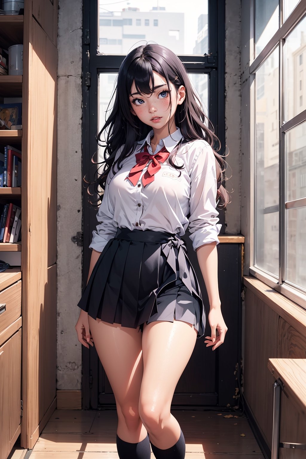 1 japanese girl, solo, student girl, school uniform, 16 years old, thighs, super cute, sexy:1.5, standing, sexy lips, shy, blushing, soft freckles, pale skin, black wavy hair,  full-body_portrait, soft breasts, hourglass_figure, ,YAMATO
