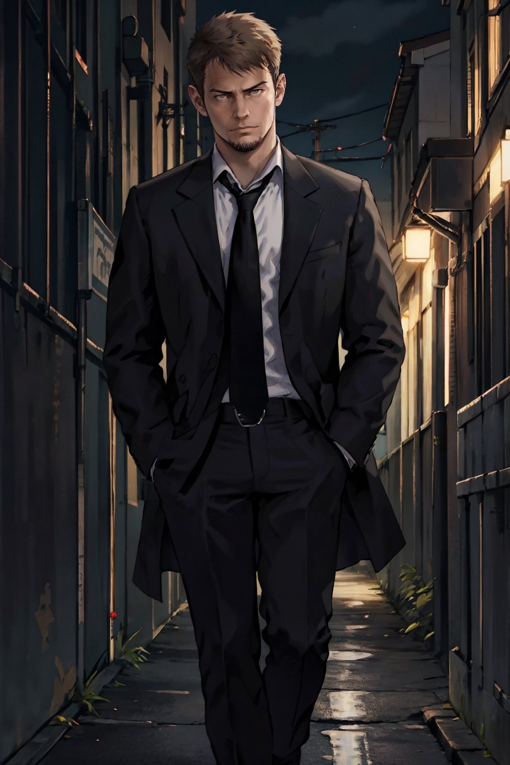 kyle_hyde, image of Kyle Hyde walking in a dark alley during the night, detective, formal attire, white shirt, black tie, brown hair, 1man, jacket, white shirt, full body, male focus, necktie, collared shirt, formal, suit, black necktie, Handsome man, hands in pocket, good quality, simple background