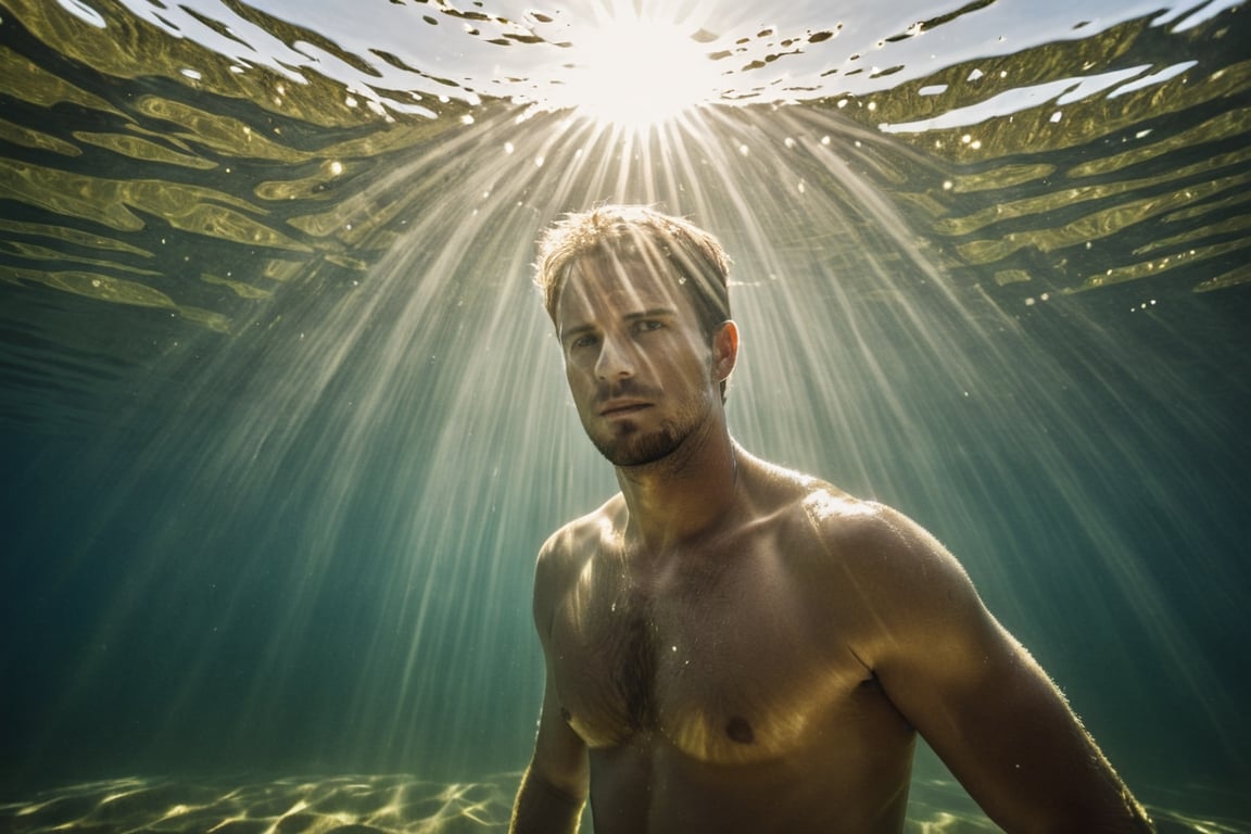 handsome man floating underwater, full body, white semi-transparent briefs, swiming towards the camera, almost touching the bottom of the lake, sun shines through the water, algae, air bubbles, hiperrealistic, eerie, mysterious, distortion water effect, cinematic, erotic, homoerotic,  --style raw ,kyle_hyde,Movie Still,


portrayed in Photography with a 35mm lens size. The artist inspiration for this scene is Ansel Adams. The color temperature is cool with a touch of sepia. The man's expression carries a sense of quiet contemplation, Detailed body, highly detailed face, cinematic ambience, detailed, HDR, 8k resolution, cinematic, DSLR, ultra quality, chiaroscuro ,Extremely Realistic,more saturation