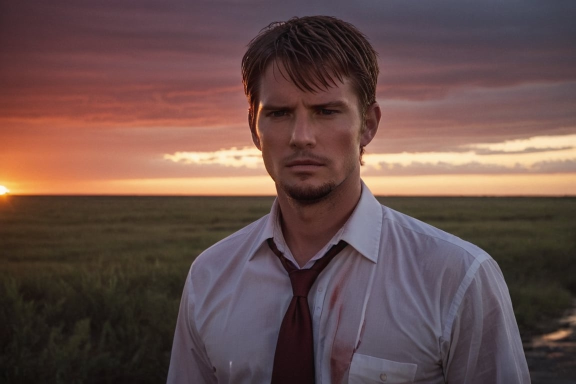 A handsome male detective, enveloped in Sunset Drama and a Crimson Wash, exuding Turbulent Serenity, directed towards a Vanishing Point, all under the Storm’s Breath, wet white collared shirt --style raw ,kyle_hyde