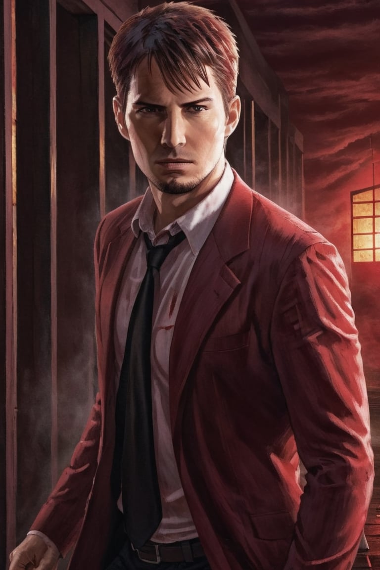 A handsome male detective, enveloped in scarlet light and Crimson Wash, white collared shirt, chasing the killer, acion scene, dynamic pose, scene from thriller movie --style raw ,kyle_hyde