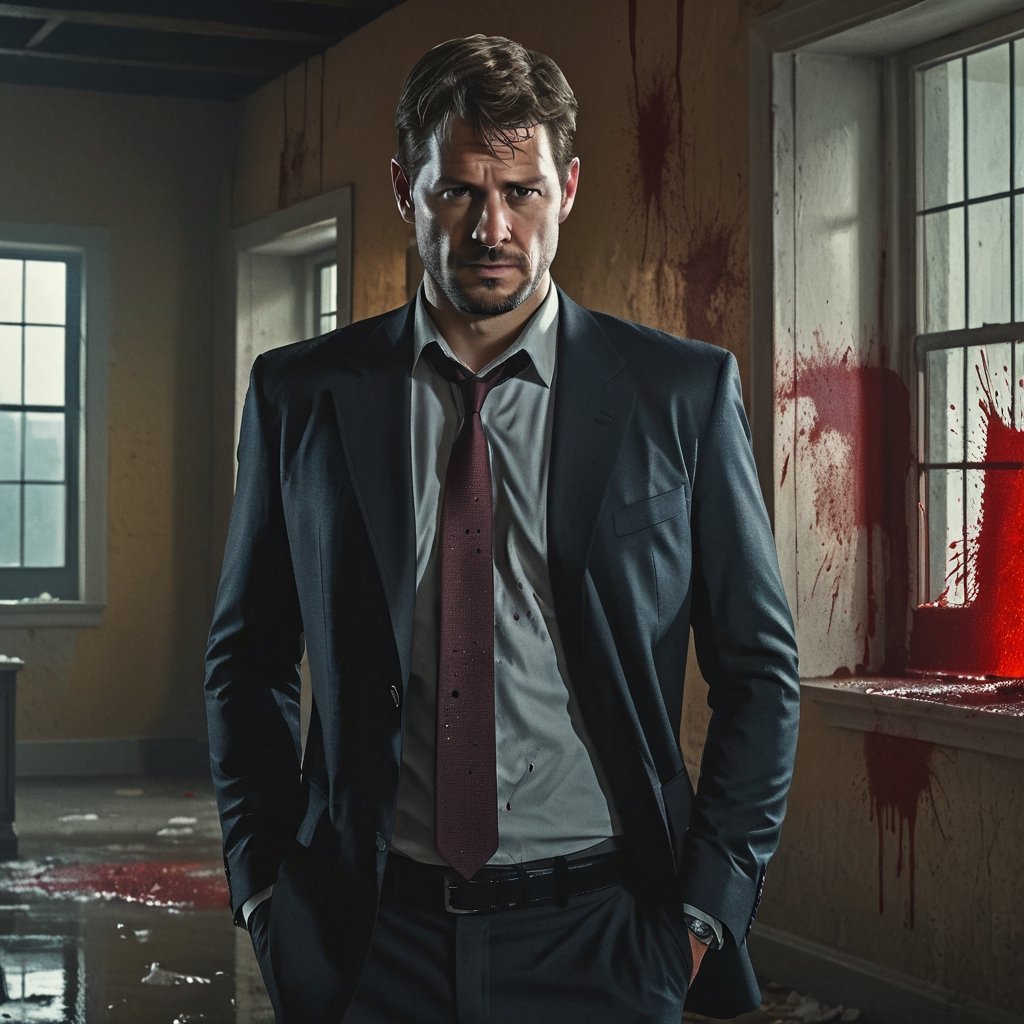 photo Kyle Hyde a male detective in formal suit, solo, inside an abandonned building, scene from psycho-thriller, investigating crime scene, looking at blood splatter on the wall, (high detailed skin:1.2), 8k uhd, dslr, bokeh,  high quality, Fujifilm XT3, sharp focus, by pascal blanche rutkowski repin artstation hyperrealism painting concept art of detailed character design matte painting, 4 k resolution,kyle_hyde