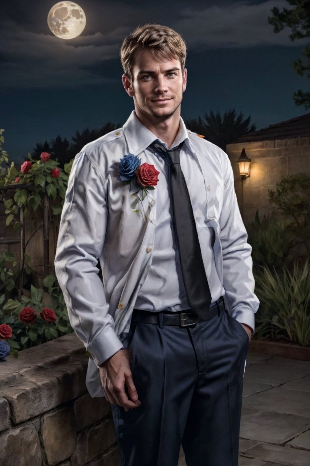 (1 image only), solo male,Kyle Hyde, detective, depict an image of a man who looks like "Kyle Hyde" in a garden of blue roses during nighttime waiting for someone for a secret romantic date, standing under a rose arch, white collared shirt and black necktie, mature, manly, masculine,  confidence, charming, alluring, romantic, mischievous smile, looking at viewer, perfect anatomy, perfect proportions, 8k, HQ, (best quality:1.5, hyperrealistic:1.5, photorealistic:1.4, madly detailed CG unity 8k wallpaper:1.5, masterpiece:1.3, madly detailed photo:1.2), (hyper-realistic lifelike texture:1.4, realistic eyes:1.2), picture-perfect face, perfect eye pupil, detailed eyes, perfecteyes, mature, 40 years old, outside, nighttime, starry sky in the background, moon shines above, in a garden of blue flowers (roses), flower4rmor,kyle_hyde