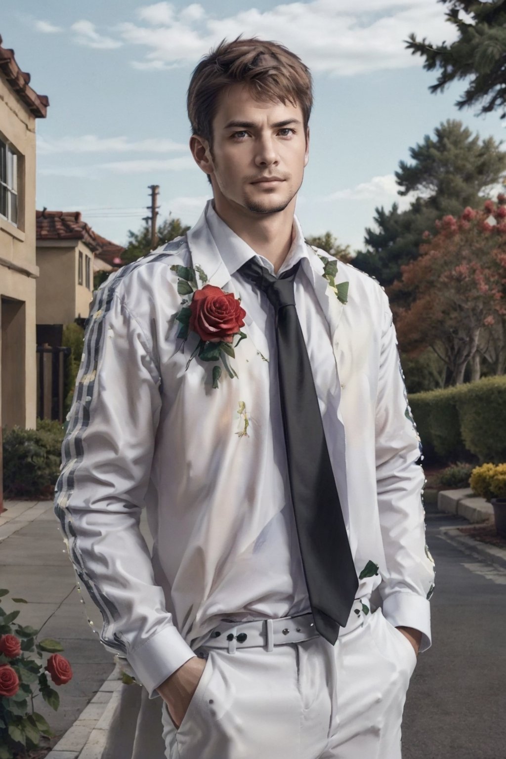 (1 image only), solo male,Kyle Hyde, detective, white collared shirt and black necktie, a red rose in his shirt's breastpocket, mature, manly, masculine, confidence, charming, alluring, romantic, slight smile, looking at viewer, perfect anatomy, perfect proportions, 8k, HQ, (best quality:1.5, hyperrealistic:1.5, photorealistic:1.4, madly detailed CG unity 8k wallpaper:1.5, masterpiece:1.3, madly detailed photo:1.2), (hyper-realistic lifelike texture:1.4, realistic eyes:1.2), picture-perfect face, perfect eye pupil, detailed eyes, perfecteyes, mature, 40 years old, outside, sunny summer day, in a rose garden,flower4rmor,kyle_hyde