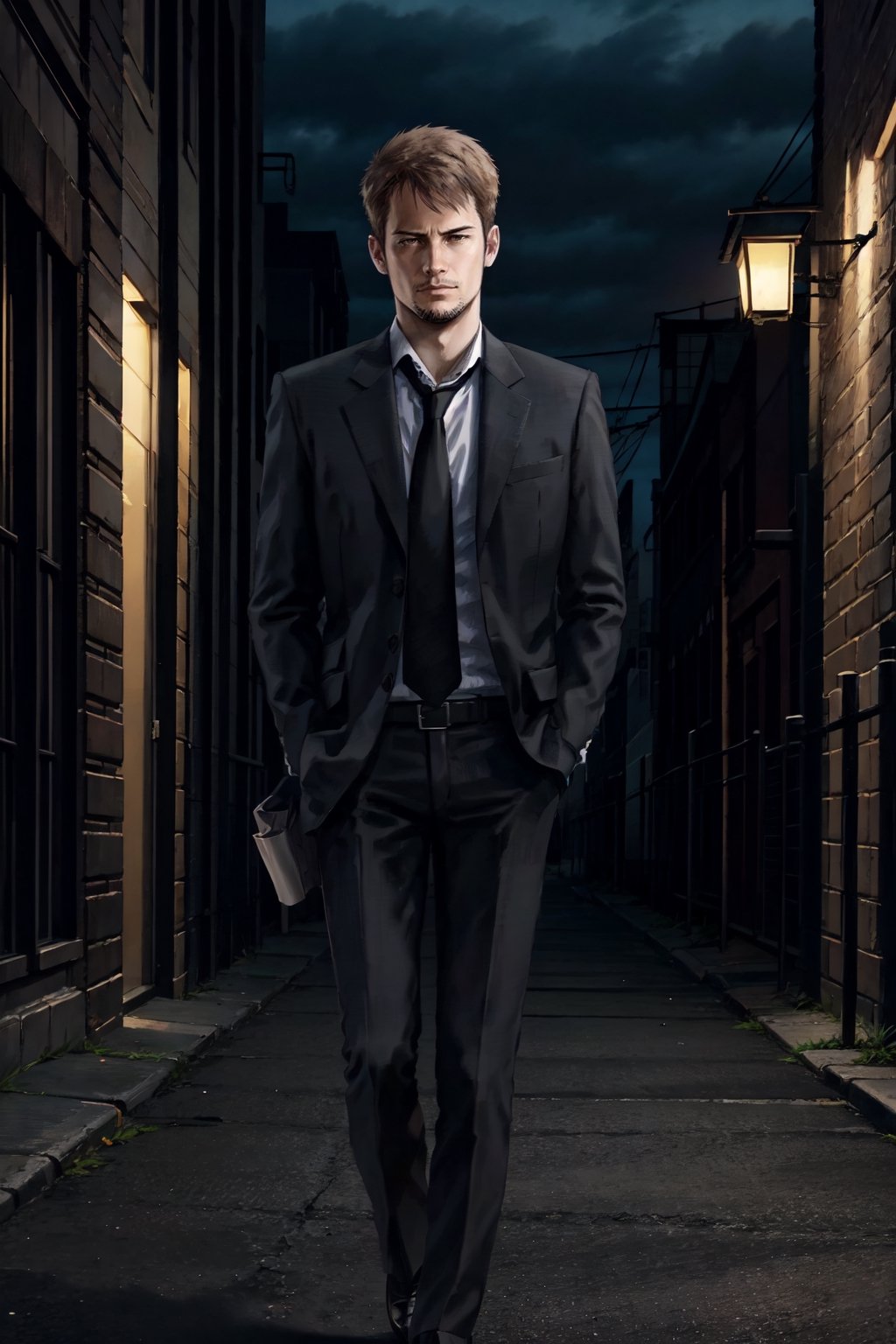 kyle_hyde, image of Kyle Hyde walking in a dark alley during the night, night sky, noir, detective, formal attire, white shirt, black tie, brown hair, 1man, jacket, white shirt, full body, male focus, necktie, collared shirt, formal, suit, black necktie, Handsome man, hands in pocket, good quality, simple background,photorealistic