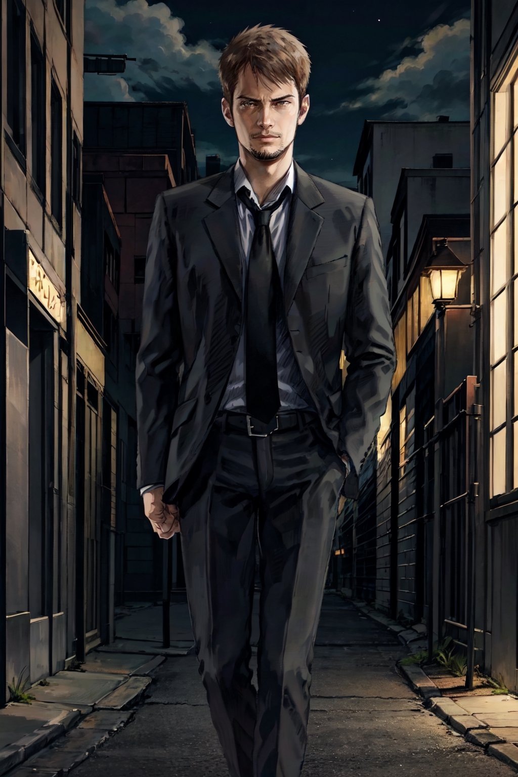 kyle_hyde, image of Kyle Hyde walking in a dark alley during the night, night sky, noir, detective, formal attire, white shirt, black tie, brown hair, 1man, jacket, white shirt, full body, male focus, necktie, collared shirt, formal, suit, black necktie, Handsome man, hands in pocket, good quality, simple background,photorealistic