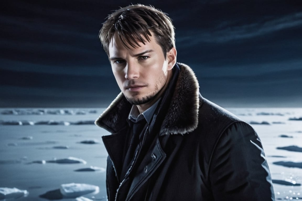 A handsome male detective, scene from detective movie, arctic, winter clothes, looking down through frozen water, view from below ice, flashlight, night sky --style raw ,kyle_hyde