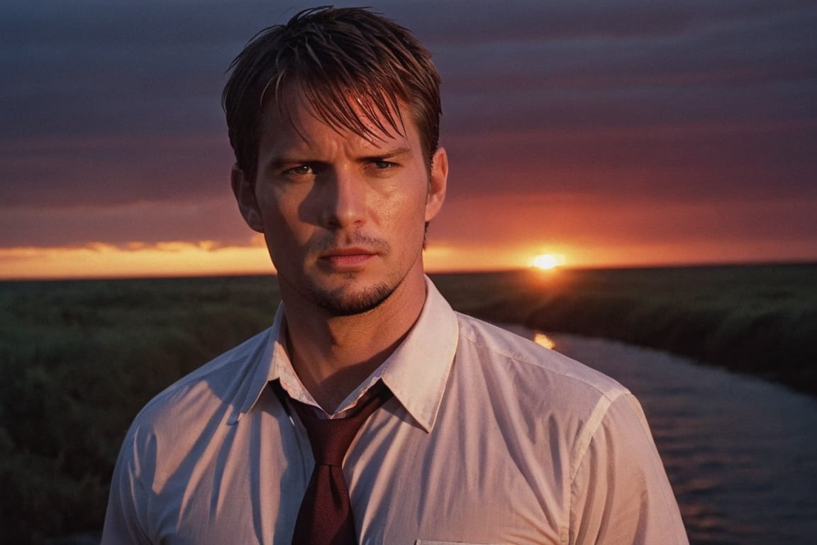 A handsome male detective, enveloped in Sunset Drama and a Crimson Wash, exuding Turbulent Serenity, directed towards a Vanishing Point, all under the Storm’s Breath, wet white collared shirt, scene from detective movie --style raw ,kyle_hyde