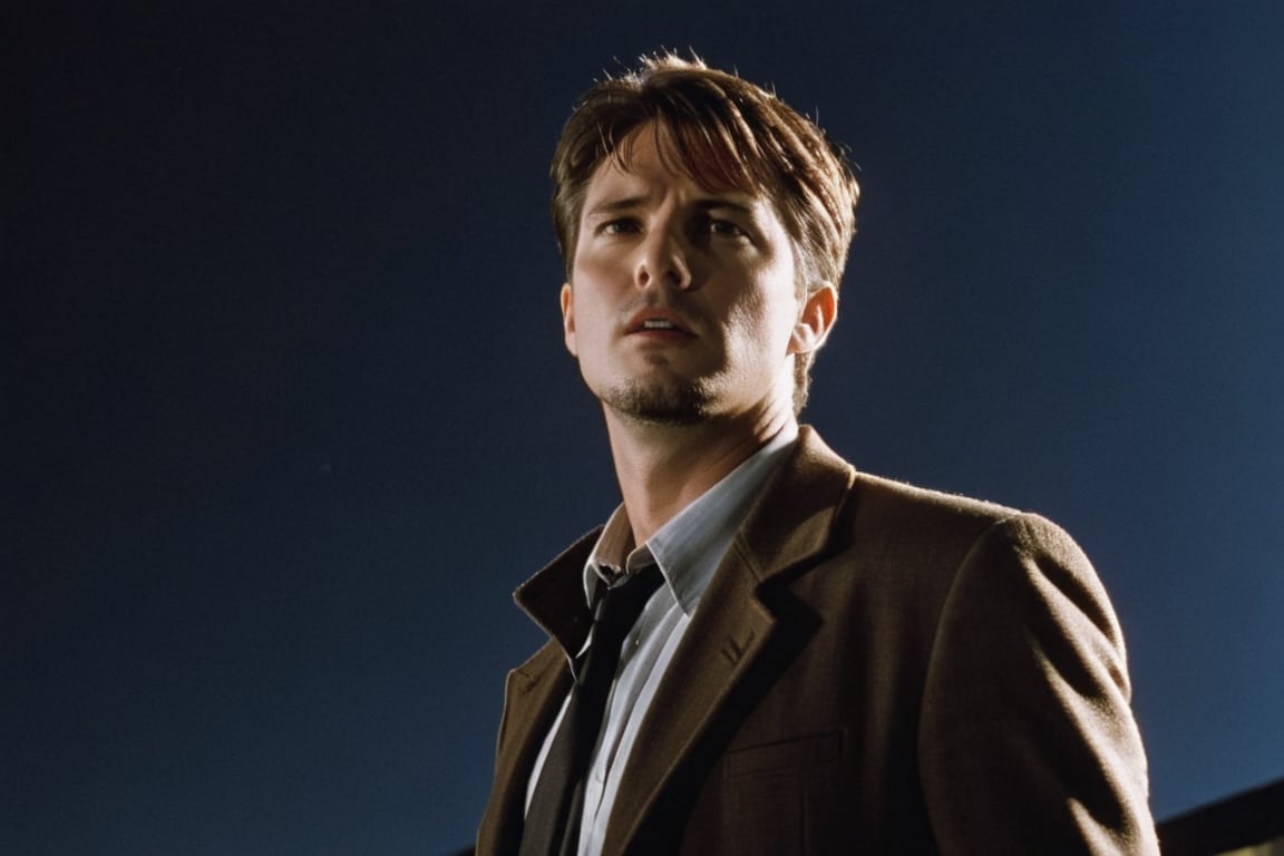A handsome male detective, scene from detective movie, looking up towards the sky, x files, an alien ship in the sky illuminates him --style raw ,kyle_hyde