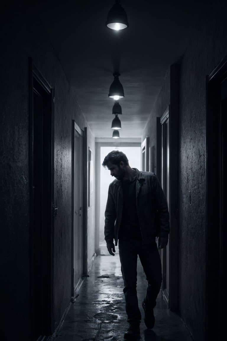 1 man, portrait photograph, thin, stubble, hazel eyes, lost in endless apartment corridor, looking for a way out, paradox, neverending nightmare, looking to the side,
shadows, in the dark, melancholy, depression, sad, worried expression,  cinematic lighting