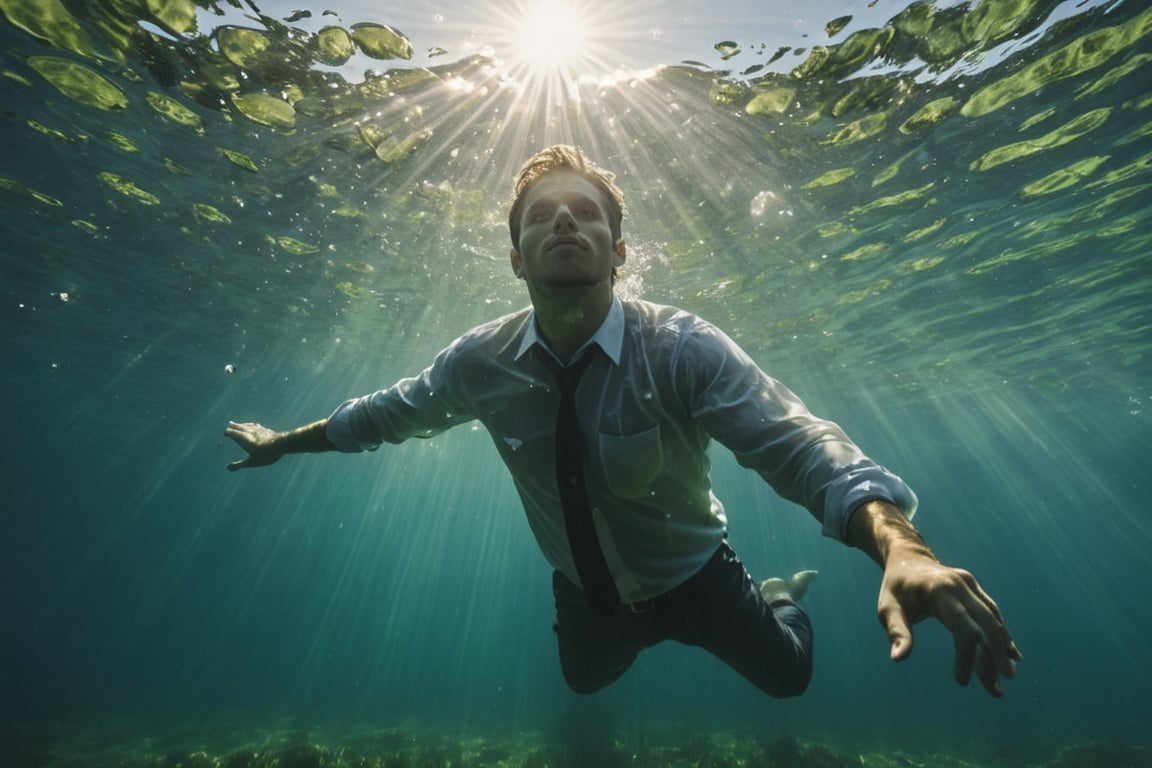 handsome man floating underwater, full body, collared shirt, clothes floating underwater, view from below, swiming towards the camera, almost touching the bottom of the lake, sun shines through the water, algae, air bubbles, hiperrealistic, eerie, dreamy, mysterious, distortion water effect, cinematic, kyle_hyde, Movie Still