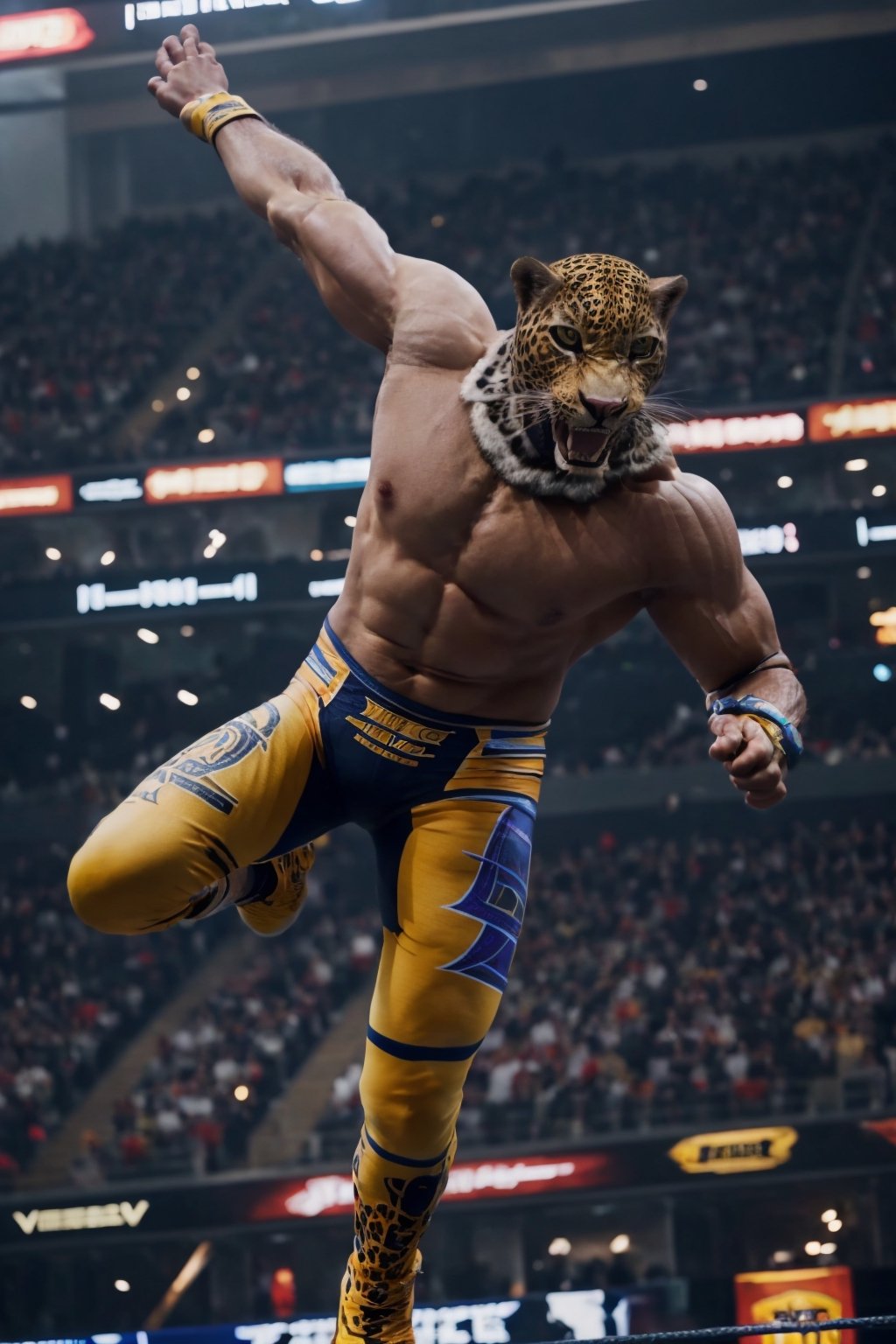 image of King from Tekken jumping in the air towards the camera with spread arms and legs, jumping on top of viewer, bottom view, wrestling outfit, bare chest, jumping, in the air, leopard mask, full body, cinematic, masterpiece, photorealistic, 8k, beautiful, volumetric lighting, detailed, realistic, ultra realistic,high detail, hd, depth of field, king_tekken,photorealistic