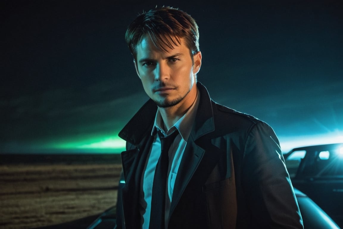 A handsome male detective, scene from detective movie, x files, conspiracy theory, alien ship in the sky, ufo with different colored lights, night  --style raw ,kyle_hyde