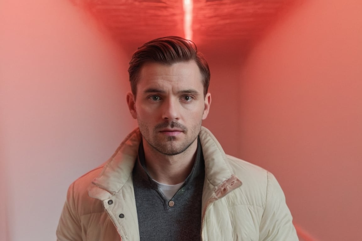 Hyperrealistic photograph of a handsome man, 35 years old, average body, short hair, serious. Straight hair. Very light and big green eyes. Flaxen. Dark hair.

The man is lost in a maze of endless white walls similar to the backrooms. 

The man wears a light brown jacket. Eerie red light comes from neon signs on the walls. The image portrays a myserious and eerie feeling. Photo from distance.