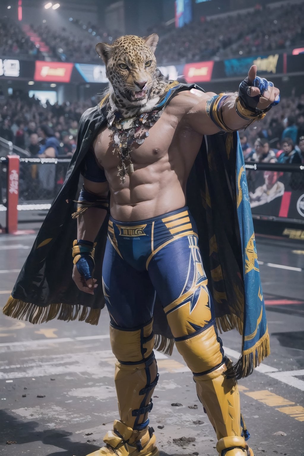 image of King from Tekken pointing towards the viewer, wrestling outfit, ready for battle, bare chest, leopard mask, cape, feathers, necklace, full body, cinematic, masterpiece, photorealistic, 8k, beautiful, volumetric lighting, detailed, realistic, ultra realistic,high detail, hd, depth of field, king_tekken