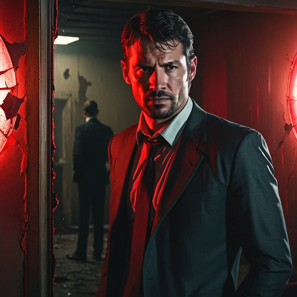 a photo of 30 years old handsome male detective in formal suit, scene from psycho-thriller, in an abandonned building, looking at a cracked mirror, dark red shadowy eyes are visible from the cracked mirror, expression of distress and on the verge of insanity, surrounded in darkness and red lights, (high detailed skin:1.2), 8k uhd, dslr, bokeh,  high quality, Fujifilm XT3, sharp focus, by pascal blanche rutkowski repin artstation hyperrealism painting concept art of detailed character design matte painting, 4 k resolution,kyle_hyde