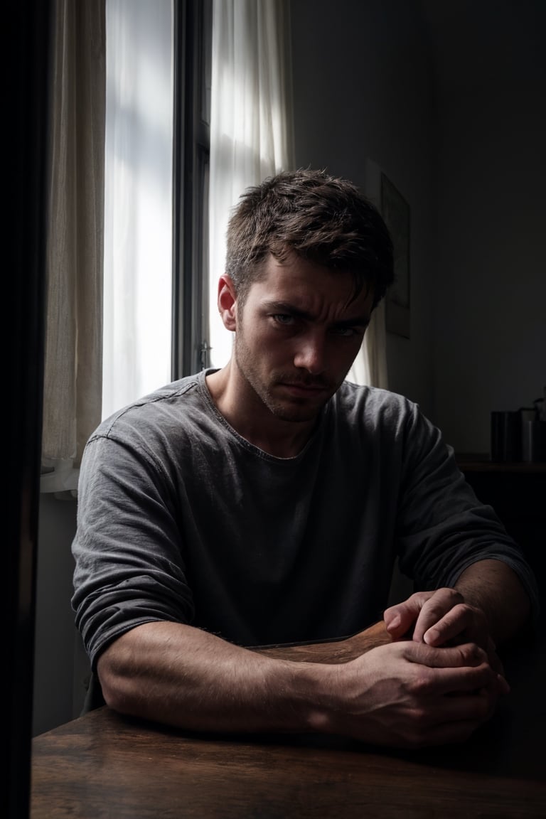 1 man, thin, stubble, sitting across the table from the viewer, front view, facing viewer, looking at viewer, hazel eyes, reaching with his hands across the table, dark room, small apartment, darkness, shadows, window, night, withered flower in vase, small light on table, sad, hopeful, worried expression, melancholic, depression, cinematic lighting