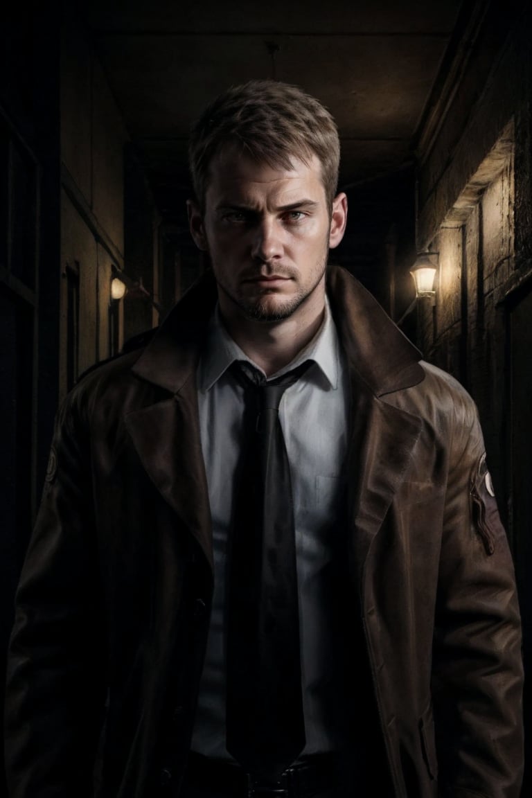 1 man, kyle_hyde, detective, handsome man, 35 years old, short hair,  flaxen hair, brown jacket, necktie, serious expression, dark hallway, eerie lights, mysterious, cinematic lights, 