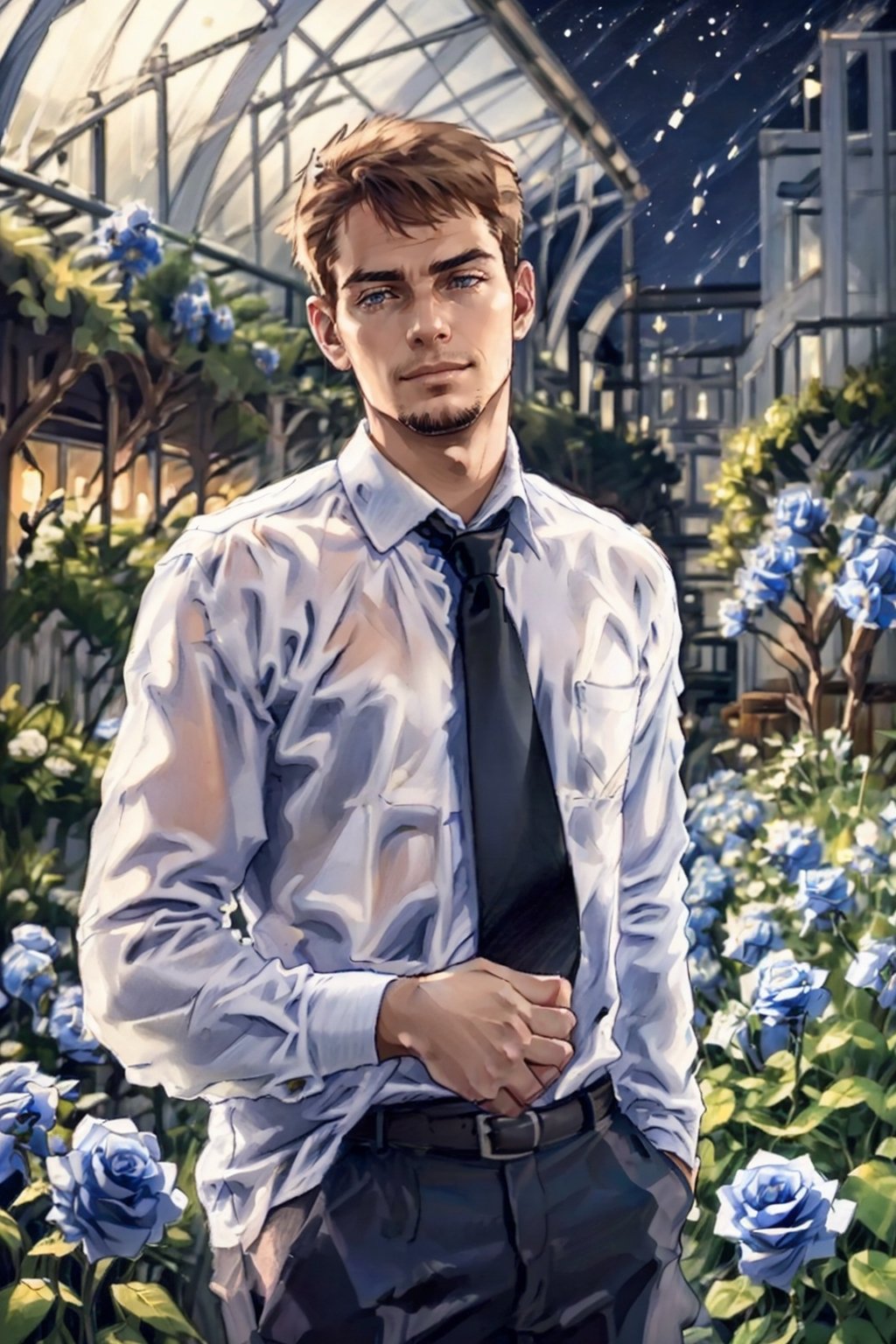 (1 image only), solo male,Kyle Hyde, detective, depict an image of a man who looks like "Kyle Hyde" waiting for a secret romantic date on a roof garden of blue roses during nighttime, standing under a rose arch, a lot of blue flowers (roses) in the background, city lights in the background, white collared shirt and black necktie, a beautiful blue rose in his shirt's breastpocket, mature, manly, masculine,  confidence, charming, alluring, romantic, mischievous smile, looking at viewer, perfect anatomy, perfect proportions, 8k, HQ, (best quality:1.5, hyperrealistic:1.5, photorealistic:1.4, madly detailed CG unity 8k wallpaper:1.5, masterpiece:1.3, madly detailed photo:1.2), (hyper-realistic lifelike texture:1.4, realistic eyes:1.2), picture-perfect face, perfect eye pupil, detailed eyes, perfecteyes, mature, 40 years old, outside, nighttime, starry sky in the background, moon shines above, in a garden of blue roses, roof garden, kyle_hyde,Glass flower room