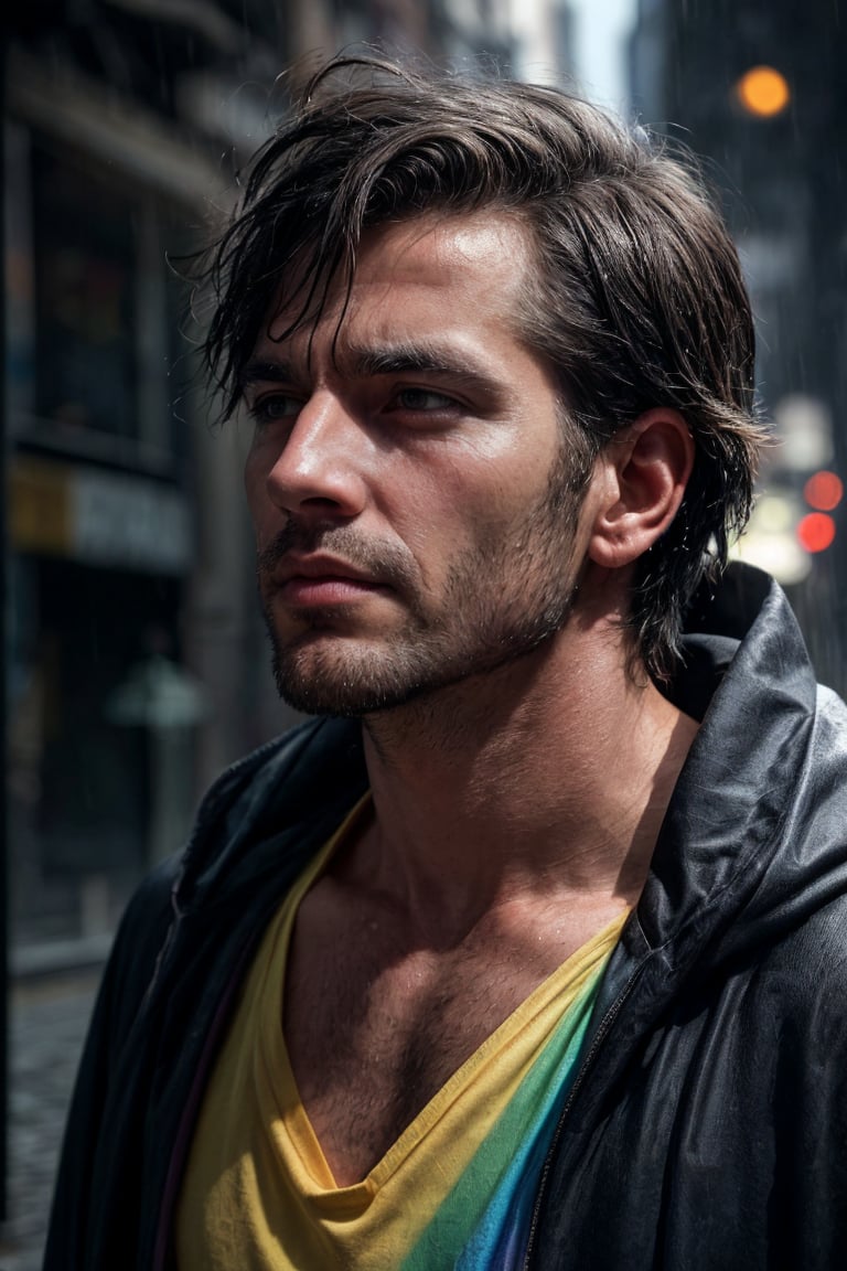 1man, portrait, close up,mature man, rainbow colored shirt,  rainbow colored cape, sunlight, looking up towards the sky, melancholic expression, sadness, hopefull, summer rain, raining, wet hair, city street, alone