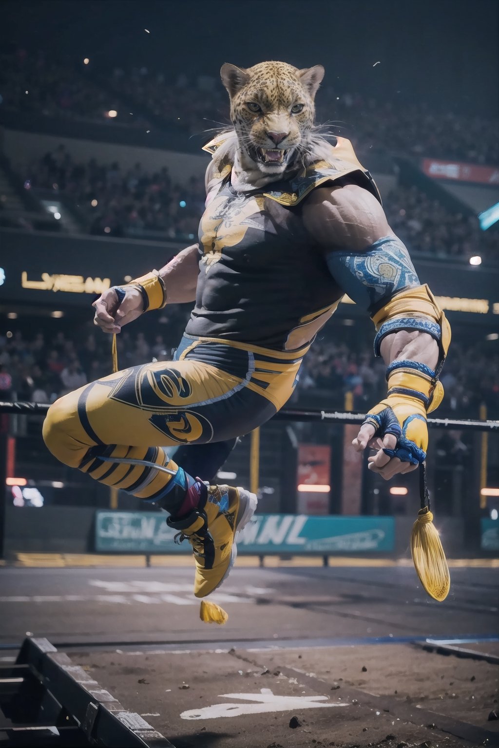 king_tekken, wrestling outfit, jumping, in the air, bottom view, high quality, best quality, masterpiece, 8k, intricate details, highly detailed, realistic
