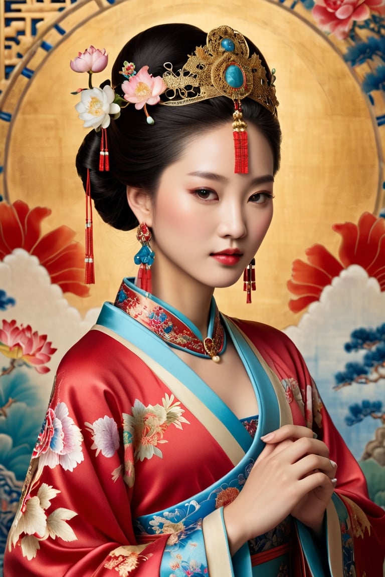 A breathtaking portrait captures the regal beauty of a Chinese royal princess, emanating grace and elegance in every detail. The princess's delicate features are accentuated by her ornate headdress adorned with intricate jewels and vibrant silk fabrics. Her porcelain skin glows with a subtle radiance, reflecting the soft, diffused lighting that envelops the scene. The backdrop showcases elements of Chinese culture, with intricate patterns and motifs inspired by traditional art and architecture. The atmosphere is one of poise and refinement, evoking a sense of nobility and sophistication. The photo is captured with a high-resolution camera