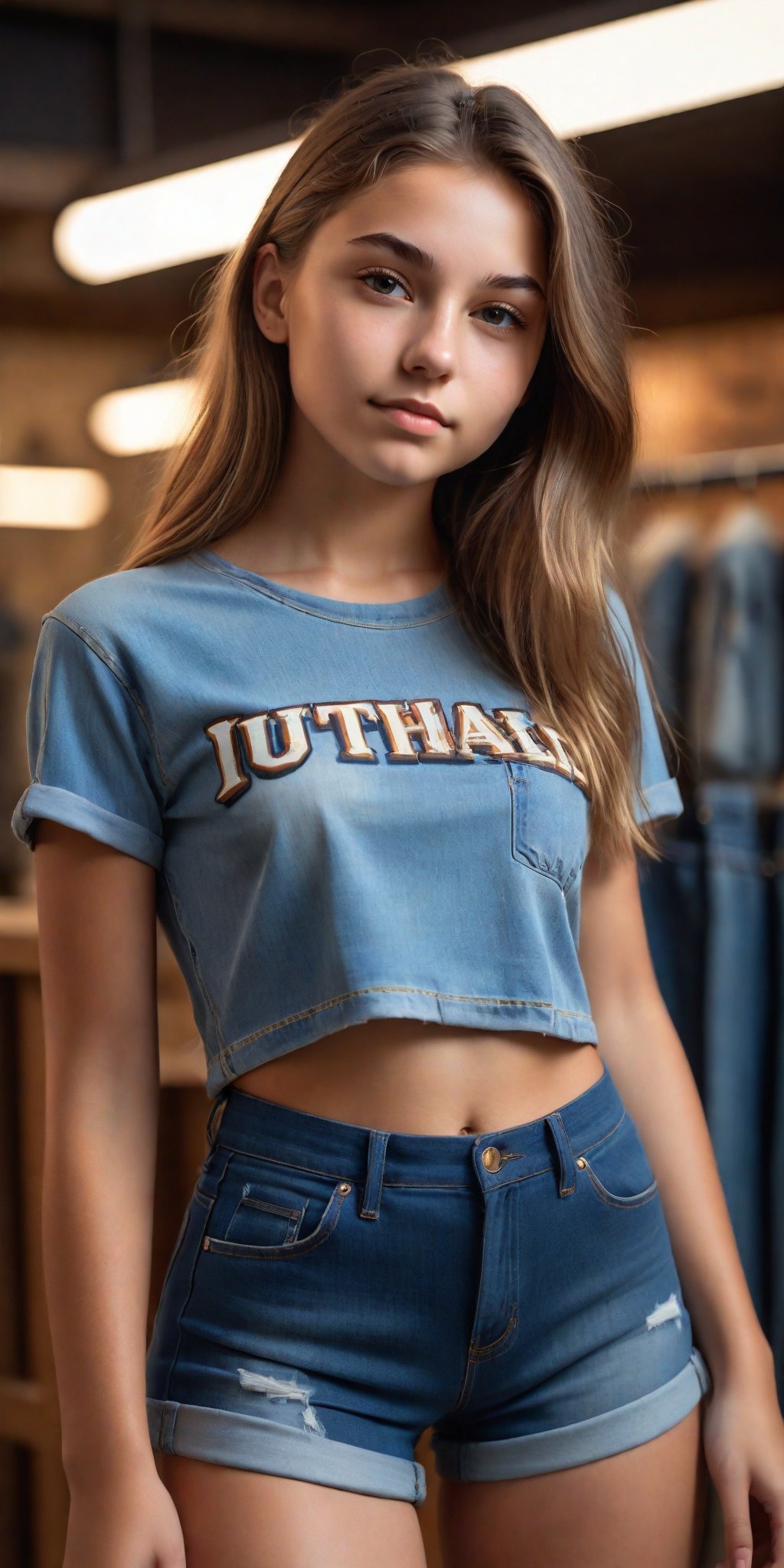 Ultra-detailed portrait of a stunning 19-year-old girl with long hair, posing confidently in an Instagram-inspired pose. Standing tall, she gazes directly into the lens with perfect lighting casting a warm glow on her features. Her denim relaxed shorts are mid-wash blue, accentuating her toned legs and youthful charm. The overall framing is sharp and crisp, showcasing the masterpiece's high resolution and intricate details.