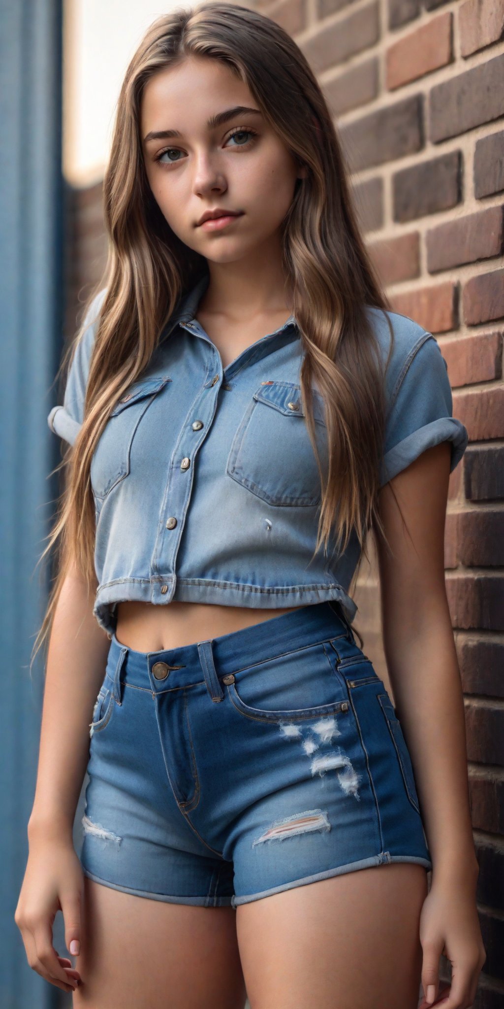 masterpiece, best quality, ultra detailed, high resolution, intricately detailed, perfect lighting, 1 girl, 19 year, long hair, wearing denim relexed shorts in midwash blue, standing and looking at the camera, Instagram pose