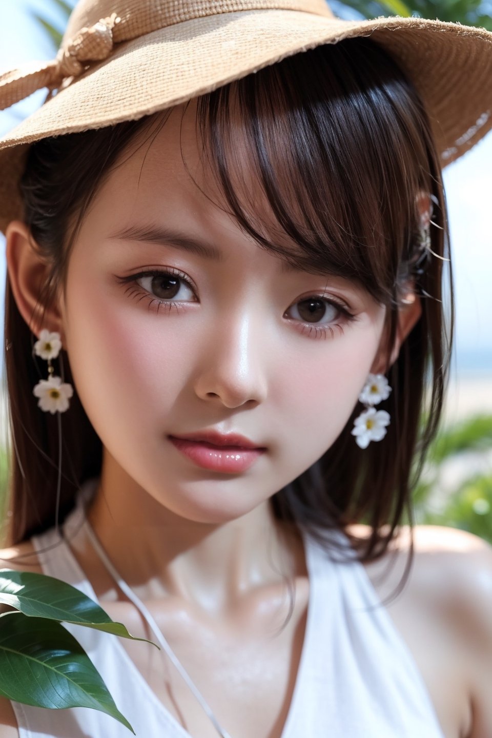 background is beach,sand,tropical forest,
20 yo, 1 girl, beautiful korean girl,standing,
wearing white simple summer dress(red flower pattern,strap),cloth flowing by wind, hold women hat with hands,smile, solo, {beautiful and detailed eyes}, dark eyes, calm expression, delicate facial features, ((model pose)), Glamor body type, (dark hair:1.2), simple tiny earrings, flim grain, realhands, masterpiece, Best Quality, 16k, photorealistic, ultra-detailed, finely detailed, high resolution, perfect dynamic composition, beautiful detailed eyes, eye smile, ((nervous and embarrassed)), sharp-focus, full_body, cowboy_shot,