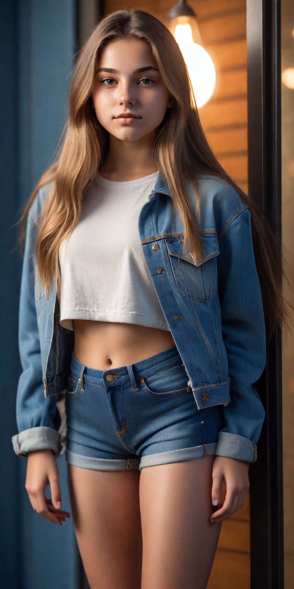 Ultra-detailed portrait of a stunning 19-year-old girl with long hair, posing confidently in an Instagram-inspired pose. Standing tall, she gazes directly into the lens with perfect lighting casting a warm glow on her features. Her denim relaxed shorts are mid-wash blue, accentuating her toned legs and youthful charm. The overall framing is sharp and crisp, showcasing the masterpiece's high resolution and intricate details.