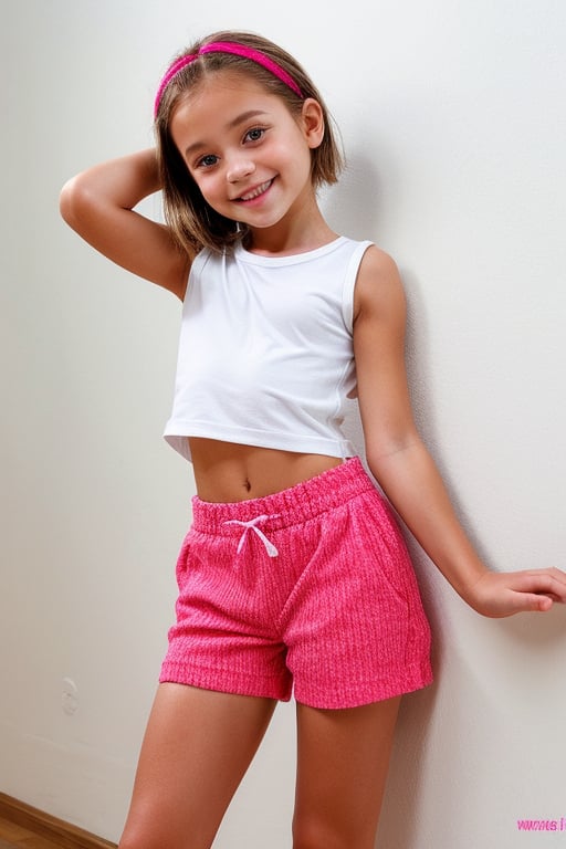 Shot in a bright studio setting with a minimalist backdrop of white walls and polished concrete floor. Softbox lighting creates a warm glow on the subject's face, highlighting her innocent features. The petite tween girl, dressed in a trendy childish style outfit featuring high-waisted short hotpants and a wet t-shirt, strikes a playful pose with one hand resting on her hip. Her bright smile and carefree expression radiate confidence as she showcases her youthful naughty style.