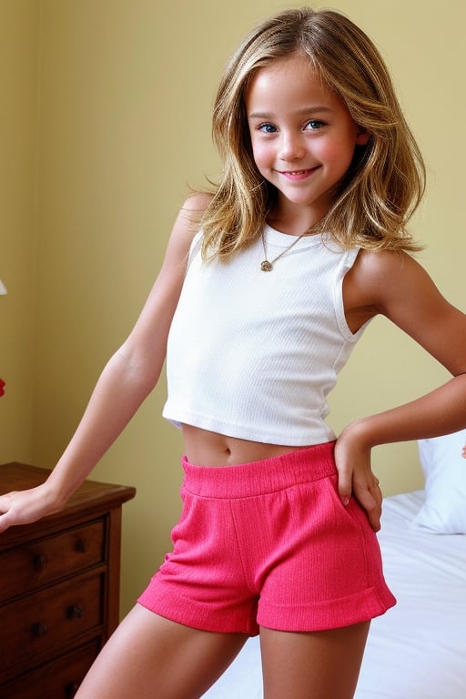 Shot in a bedroom . Softbox lighting creates a warm glow on the subject's face, highlighting her innocent features. The petite blonde tween girl, dressed in a trendy childish style outfit featuring low-waisted short micro-hotpants and a cropped-skin-tight-t-shirt, strikes a playful pose with one hand resting on her hip. Her bright smile and carefree expression radiate confidence as she oses her youthful naughty david-hammilton style.