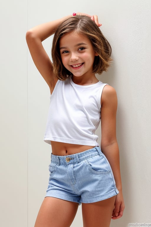 Shot in a bright studio setting with a minimalist backdrop of white walls and polished concrete floor. Softbox lighting creates a warm glow on the subject's face, highlighting her innocent features. The petite tween girl, dressed in a trendy childish style outfit featuring high-waisted short hotpants and a wet t-shirt, strikes a playful pose with one hand resting on her hip. Her bright smile and carefree expression radiate confidence as she showcases her youthful naughty style.